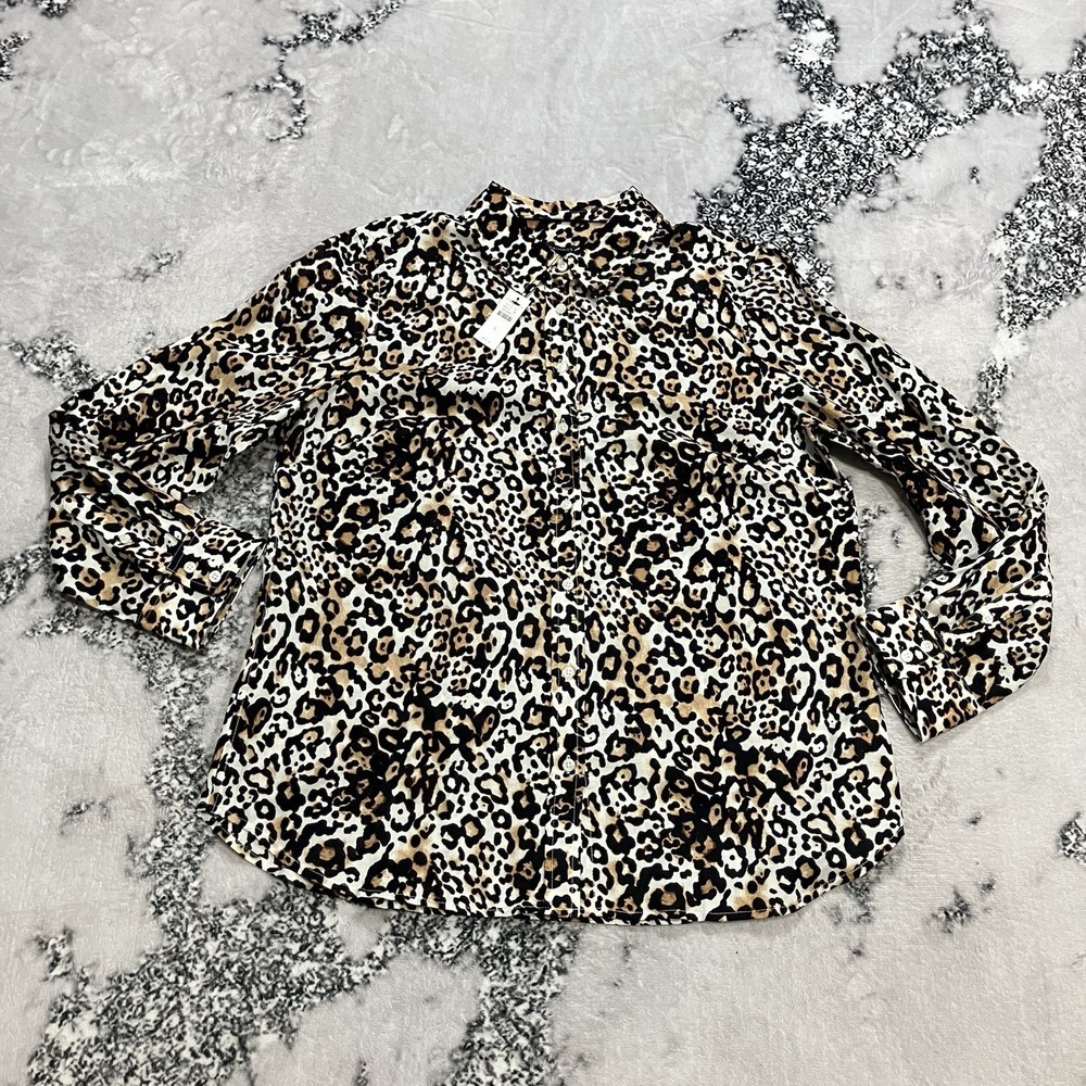 Talbots Womens Large Leopard‎ Print Blouse NWT Button Front Long Sleeve